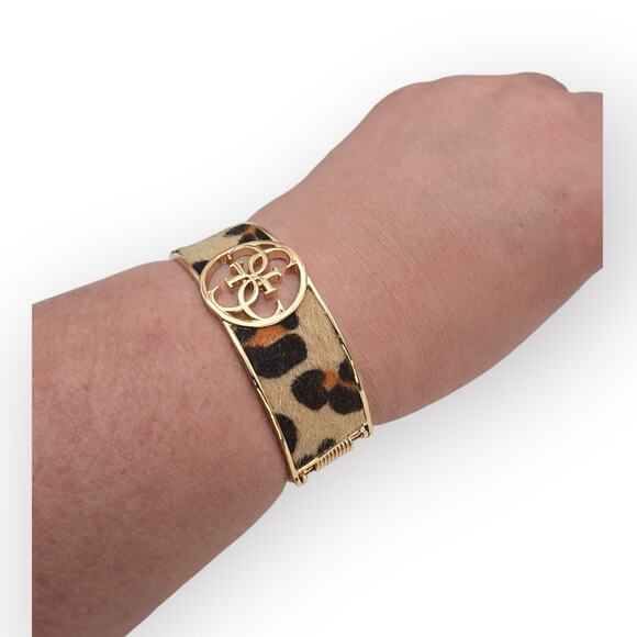 Guess Leopard Faux-Fur Logo Hinged Bangle – Gold-Tone Statement Bracelet - Picture 9 of 13